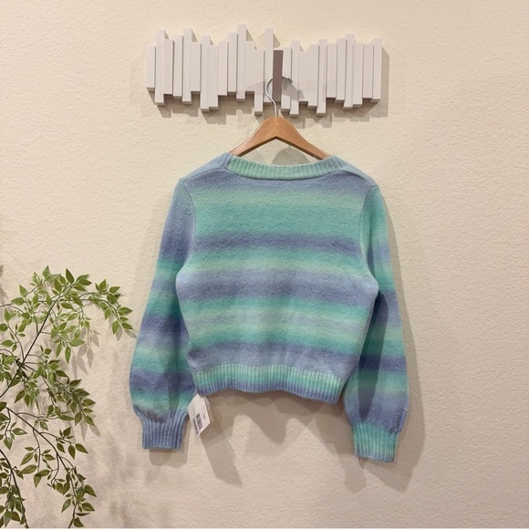 J.ING Green Purple V Neck Balloon Sleeve Short Cardigan Sweater Top NWT One Size - Picture 5 of 7
